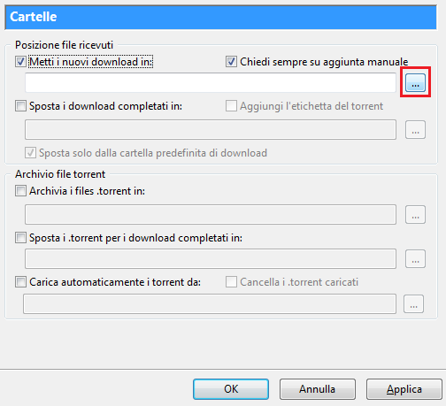 dobbiamo specificare a uTorrent dove salvare i file, iniziamo con i file in download, clicchiamo il pulsante a destra